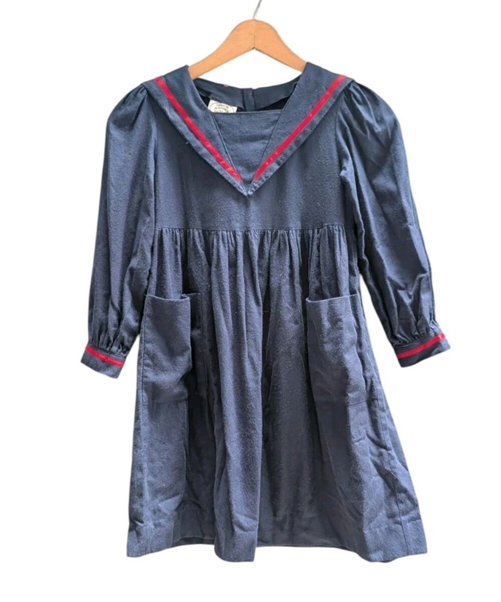 Vintage Laura Ashley Wool Blend Navy Blue Sailor Dress Girls 7/8 Great Britain S